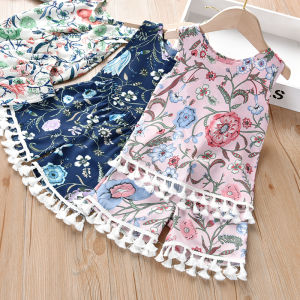 Girl Ethnic Style Suit New Arrival New K-style Tassel Floral Vest + Shorts Two-piece Set Childrens Thin 2 Pieces