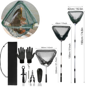 Folding Fishing Net with Aluminum Alloy Landing Net Non-Slip Gloves Storage Bag Fish Pliers Lip Gripper for Easy Catch & Release