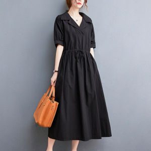 Korean Style Inclusive Sizing Flax Linen Long Dress Short-Sleeved Waist-Defining Flared