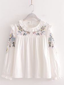 เสื้อเชิ้ตแขนยาวปักลายดอกไม้คอปกสดใสสวยหวานสไตล์โมริเกิร์ลเสื้อเชิ้ตขาวสวมหัวผู้หญิงนักเรียนใส่ช่วงฤดูใบไม้ผลิและฤดูใบไม้ร่วง