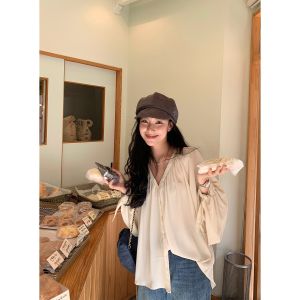 DaqianwithU Womens Shirt V-Neck Long Sleeve Thin Design Sensation Small Audience Gored Edge Polyester Business Casual Style