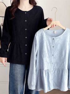 French Style Long Sleeve Womens Shirt Embroidered Large Size Slimming Top Cotton Commute Style round Neck Button Detail