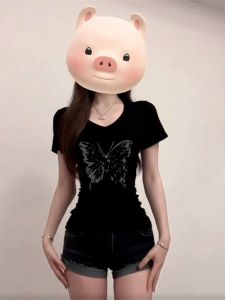 INS Super Popular Black Pure Cotton Butterfly Printed V-neck Short-Sleeved T-shirt Womens Summer Sweet and Spicy Style Slim Fit Slimming Top Trendy