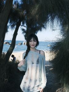 Green American Style Backless Hollow out Knitted Dress Spicy Long Sleeve Sun Protection Knitted Top Street Style Summer 2024