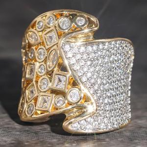 Huitan Geometric Design Women Two Tone Ring Inlaid Shiny Cubic Zirconia Gorgeous Accessories for Party Holiday Luxury Jewelry