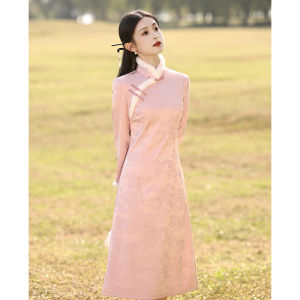 Pink Fleece Lined Thick New Chinese Style Cheongsam Short Qipao Womens Daily Wear Autumn Winter Seasonal Traditional Tea Costume