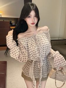 GUZILIAN | Off-Shoulder Polka Dot Ruffle Long Sleeve T-Shirt