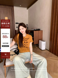 Summer American Design Letter Print Short Sleeve T-Shirt Womens New Style Commute Korean Loose Fit Cotton Polyester Blend