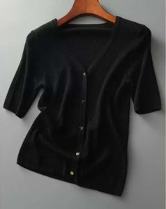 WANGGONGZHU | Princess Style V-Neck Short Sleeve Ice Silk Knitted Cardigan Womens Slim Fit Fashion Top Spring Autumn Outerwear T-Shirt