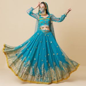 Oriental Indian Princess Costume Belly Dance Women Long Sleeved Top+Large Hem Long Skirt Set Aladdin Performance Suit