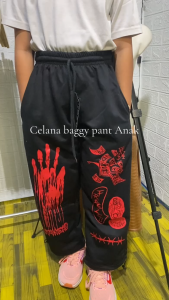 Celana Trackpants Anak Motif Graffiti Pinggang Elastis Warna Hitam 6-12 Tahun