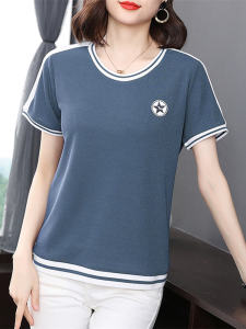 Summer Fashionable Loose Cotton T-Shirt Womens Short Sleeve Versatile Top Moms Clothing Korean Style round Neck Big Size