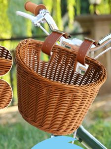 Childrens Bicycle Basket Rainproof Plastic Wicker Weave Front Mounted Foldable Basket for Electric Vehicle Small Size