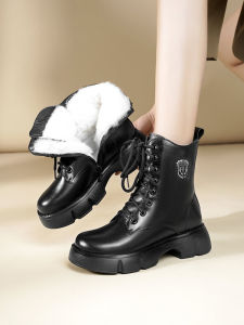 Womens Martin Boots Thick Bottomed Genuine Leather Wool Lined Short Boots Winter British Style round Toe Zipper Closure