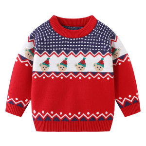 New round Neck Knitted Sweater for Boys Christmas Holiday Top Red Thickened Warm Soft Acrylic Nylon Polyester Blend Child Clothes