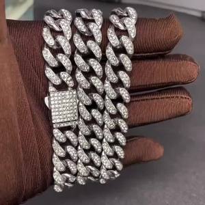 Hip Hop Shiny 14MM Cuban Link Chain Necklace Women Men Silver Color Rhinestone Iced Out Cuban Chain Punk Jewelry Necklace Gift