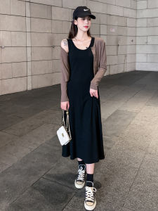 Ice Silk Vest Dress Womens Spring Summer Slimming Black Dress Elegance Sleeveless Base Long Skirt Korean Style High Waist
