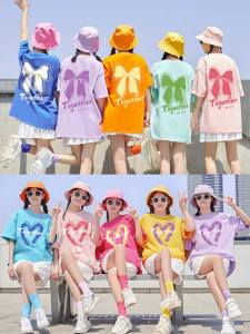 Colorful Sister Matching T-shirts Short Sleeve Cultural Shirt Team Building Outfit Summer Casual Loose Fit Womens Top