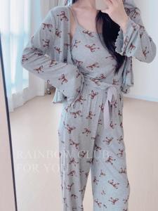 Bộ Đồ Ngủ Nữ Mùa Thu Tay Dài Cổ Chữ V in Họa Tiết Bướm Ren Ngọt Ngào Bộ Đồ Ngủ Ba Mảnh Có Đệm Ngực