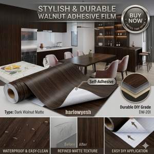 [SG Ready Stock]Dark Walnut Matte Self Adhesive Wallpaper Peel and Stick Durable Waterproof Wood Texture Wall Sticker for Cabinets & Tables