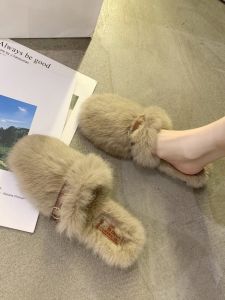 Rabbit Fur Slippers Womens Outdoor Wear Autumn Winter New Style Half Slippers Mules Cotton Slippers Home Use Slip-On Shoes
