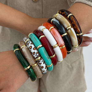 KunJoe 10 Colors Vintage Stackable Acrylic Bracelets for Women Bohemian Round Tube Beaded Bracelet Leopard Resin Elastic Bangle