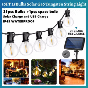 CPDD  Solar 25pcs Bulbs + 1pcs Spare Bulb  9Meters Length String light G40 Tungsten Light LED Bulb Outdoor Waterproof IP45 Christmas Festival Garden Decorative Light  Solar Charge and USB Charge