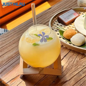 JUSTINLAU Creative Ronud Ball Glass Cup with Wood Stand Straw Wine Cocktail Glass Cup Clear Moon Ball Cold Drinking Juice Cups