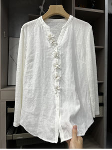 Designer Womens Linen Shirt Comfortable Breathable Korean Style Spliced 3D Flower Print Top UV Protection Long Sleeve round Neck