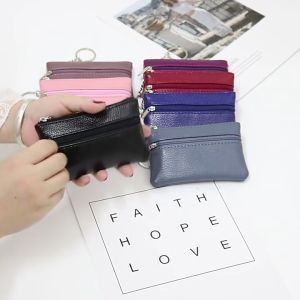 Coin purse mini wallet for women korean cute leather 2 zipper pockets wallets with keychain #1002