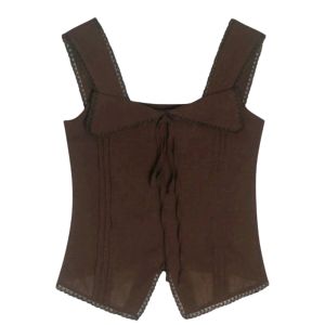 YUEZHONGWEI | เสื้อกั๊กสายเดี่ยวผ้าลูกไม้สไตล์ฝรั่งเศสสำหรับผู้หญิงในช่วงฤดูร้อน ทรงเข้ารูป ไม่มีแขน เสื้อผ้าทำงาน ทรงเข้ารูป สีพื้น