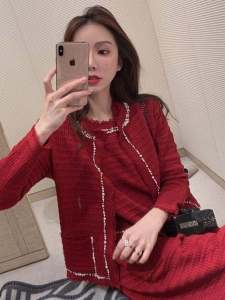 Red Knitted Set Womens Fashion New Years Dress Autumn Winter Elegant Wedding Ceremony Clothing Small Fragrance Style