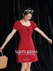 Retro Red Polka Dot Square Neck Puff Short Sleeve Slimming Dress