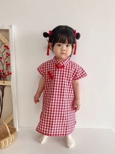 Đầm tết sườn xám bé gái chất đũi cho bé 1 - 5 tuổi