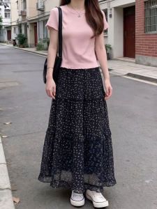 XIANYIJIAO | Black Floral High Waist A-Line Umbrella Skirt Flare Dress