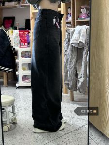 High Waist Draped Wide Leg Denim Jeans Womens plus Size Black Grey High Street Style Autumn Winter New Arrival Straight Long Pants