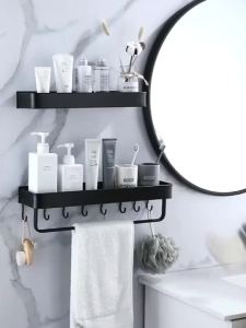 (SG Seller) Black hook rack wall hang kitchen shelf space aluminum frame to receive a spice rack