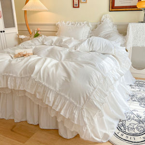Nordic Luxury Pure Cotton White Four-Piece Set Princess Style Lace Trim Quilt Cover Bed Skirt Style Warmth for Everyone