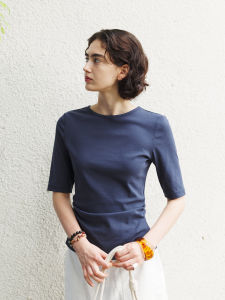 Slim Fit round Neck Gathered Waist Base Knitted Shirt Womens Stylish mid Sleeve T-Shirt Top Non Restrained Minimalist Design