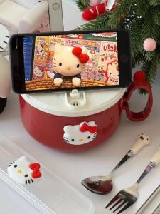 Kitty Cat 304 Stainless Steel Noodles Bowl with Lid Dormitory Drainable Meal Bowl Cute Cartoon Style Student Universal Lunch Box