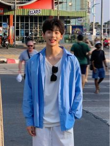 Japanese Style Style Wear Blue Shirt Mens Youth Sun Protection Summer Outwear Trendy Casual Long Sleeve Shirt