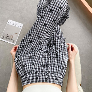 Casual Plaid Butterfly Knot Wide Leg Pants Womens Summer Thin Retro High Waist Slim Straight Long Trousers Korean Style Commute