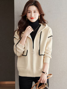 Womens Woolen Knitted Short Coat Spring Autumn New Style Thickened Hooded Open Cardigan Ladies Fashion Outerwear