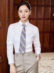 White Cotton Long Sleeve Womens Shirt Iron-Free Professional Formal Blue Work Uniform White Shirt Tie Business Class Style