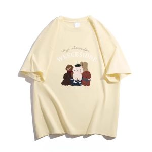 American Style Brown Pure Cotton Short Sleeve T-Shirt Women Summer Half Sleeve High Street Retro Casual Student Versatile round Neck INS Top