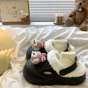 รองเท้าแตะผู้หญิงหนา สไตล์เกาหลี ขนนุ่ม บุขน รองเท้าแตะ EVA ฤดูใบไม้ร่วง ฤดูหนาว สวมใส่กลางแจ้ง รองเท้าแตะแบบมีหัวรองเท้า ส้นแบน