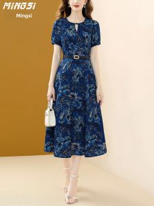 MINGSI | Retro Print Short Sleeve Dress Slim Fit