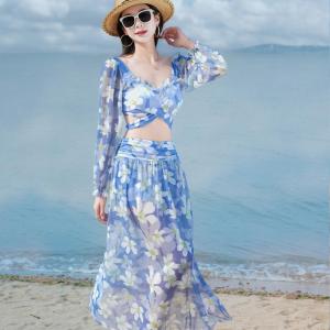 White Mountain Tea Bikini Swimsuit Womens Long Sleeve Separate Style Beach Holiday Popular Belly Cover up Swimming Costume