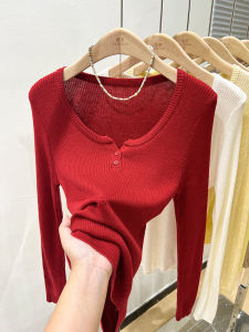 Red round-Neck Shoulder Knitwear Womens Autumn 2024 New Color Thread Fitted Long Sleeves Inner Bottoming Shirt Tops Tide