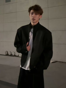 Black Shoulder Pad Jacket Mens American Casual Style Autumn Commute Stand Collar Baseball Coat Loose Fit Long Sleeve Zipper